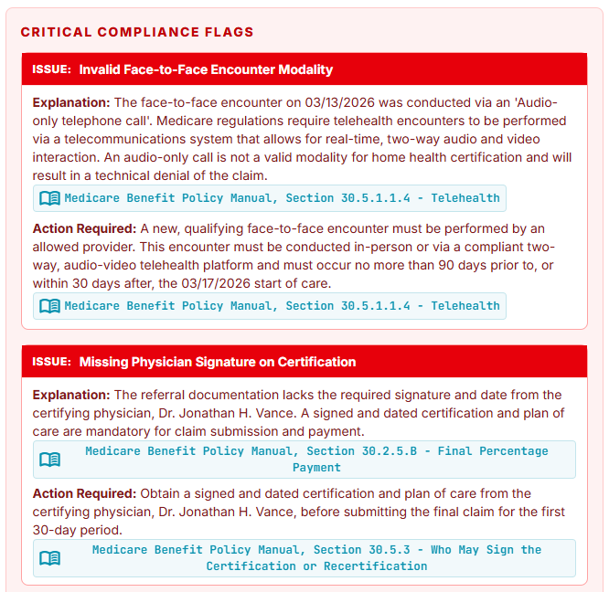 KyVeCT Vantage critical compliance flags with Medicare citations